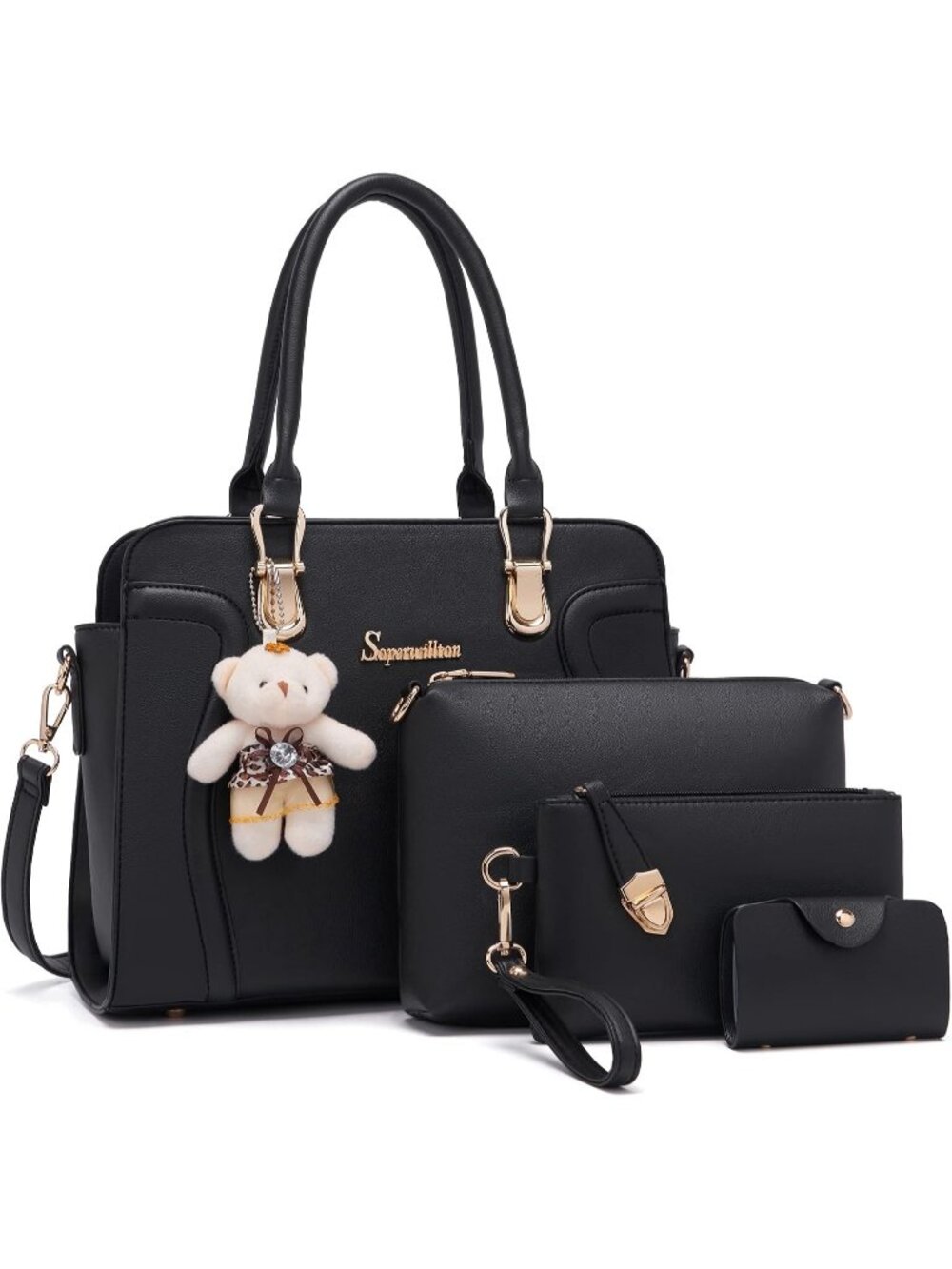 Women's Black 4Pc Handbag Set Tote Shoulder Satchel Purse with Bear Charm